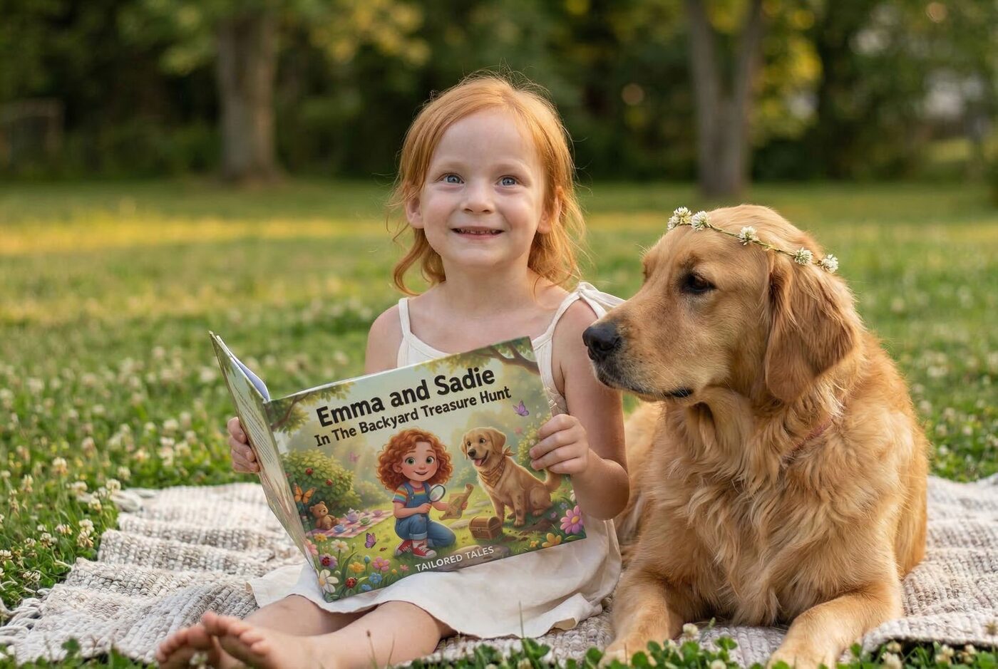 Young girl reading a personalized Tailored Tales book while cuddling beside an adult on a couch.