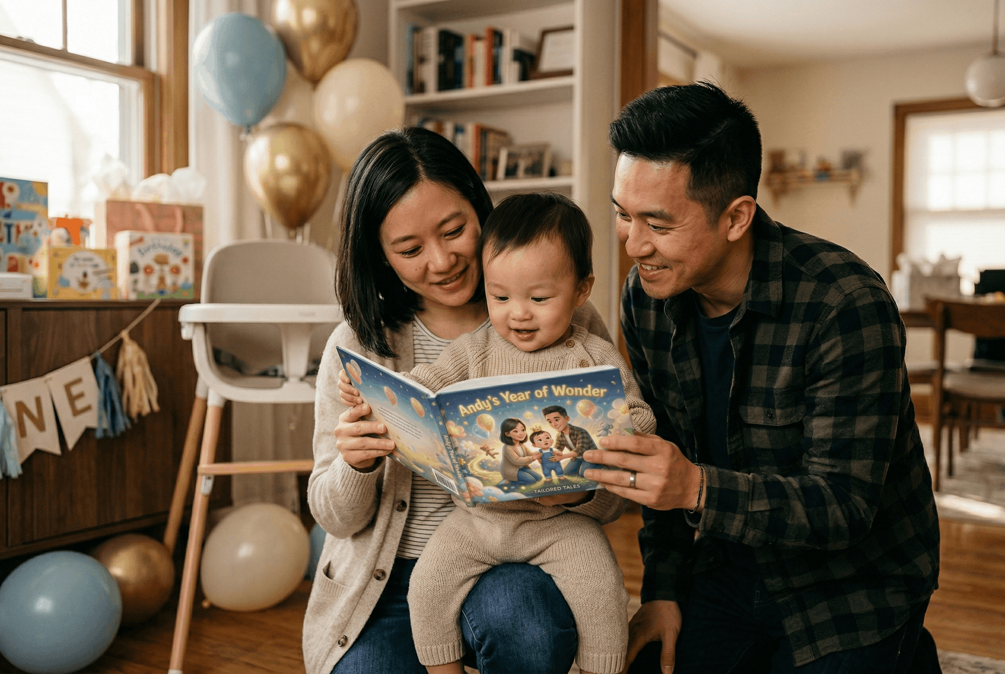 Young child smiling with a personalized Tailored Tales first birthday book.