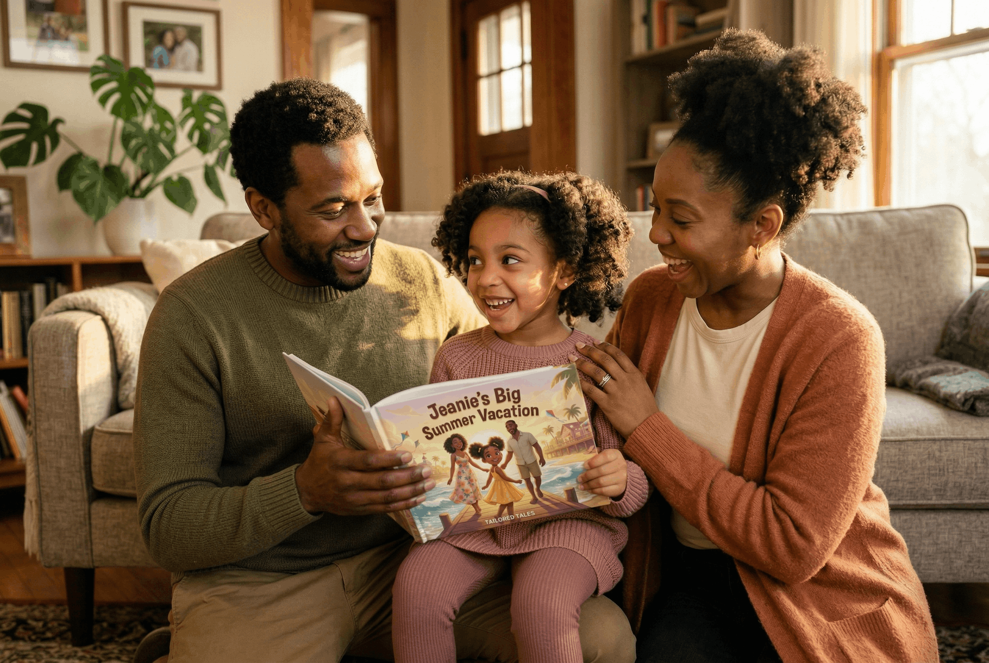 Young child smiling while holding a personalized Tailored Tales vacation-themed book.