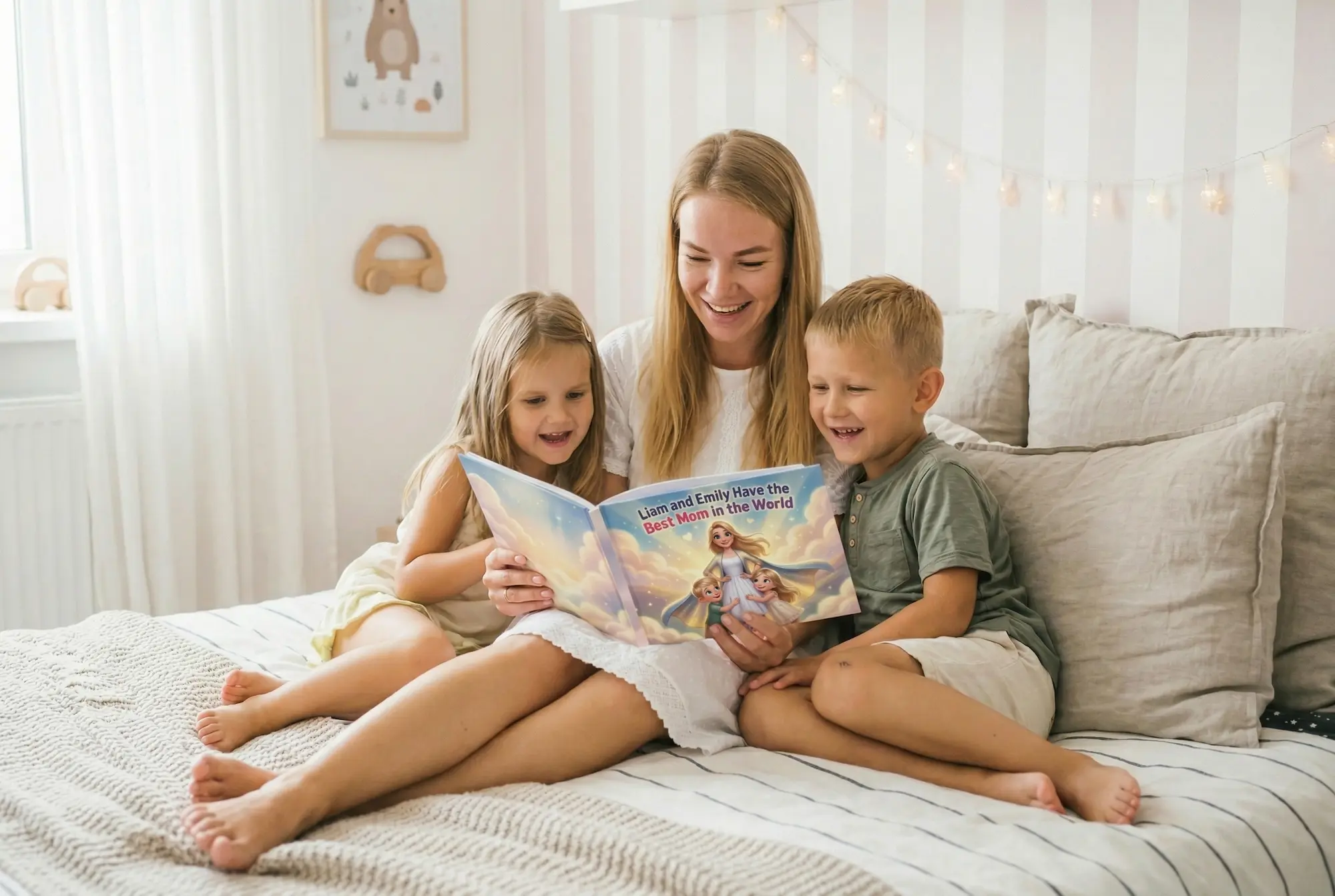 Mother sitting on a bed reading a personalized Tailored Tales Mother's Day book with her two children.