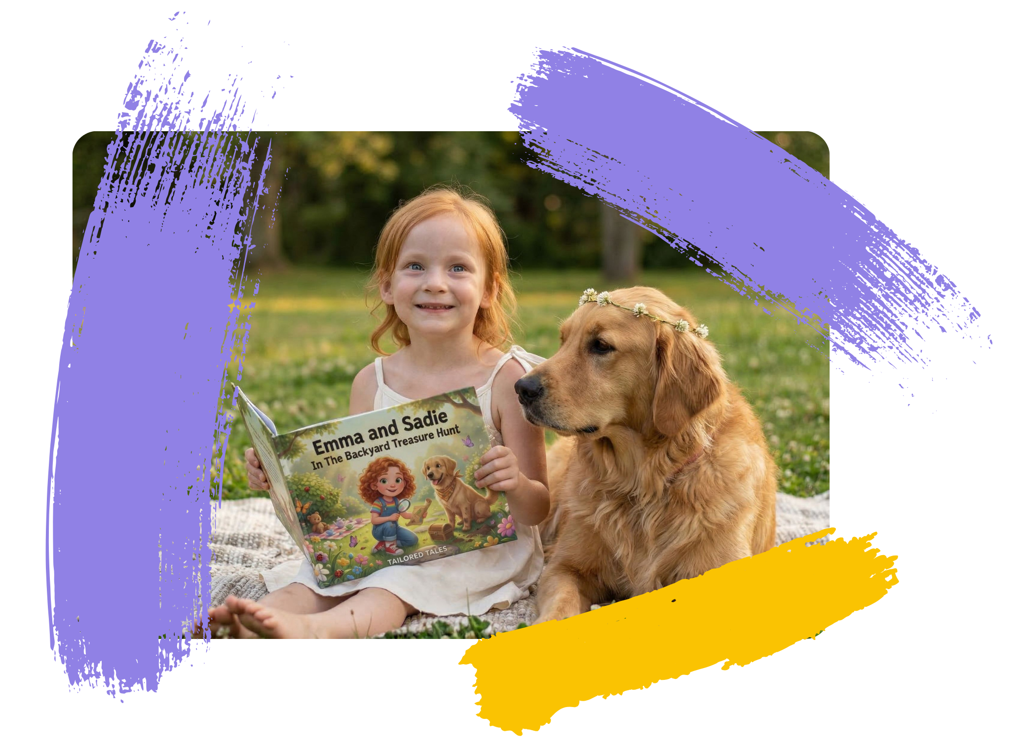 Young girl reading a personalized Tailored Tales book beside a golden retriever.